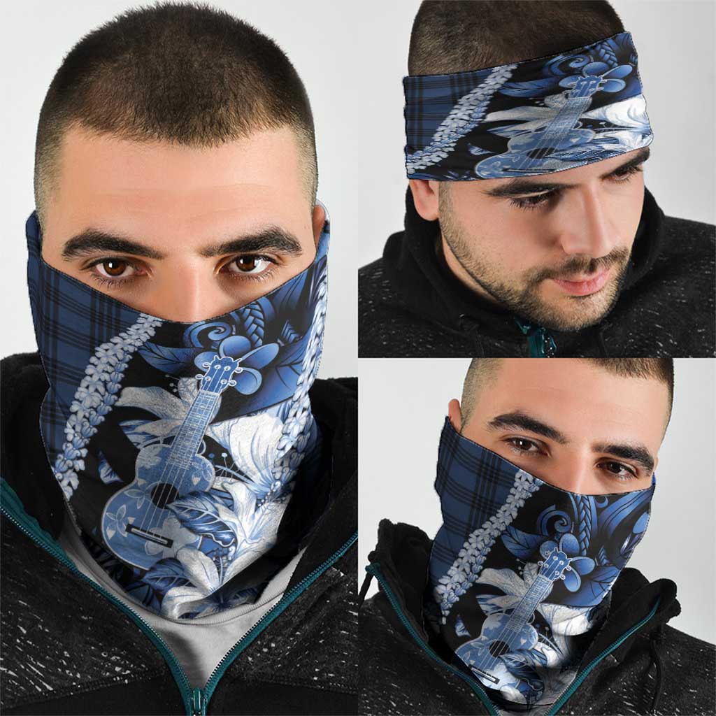 Hawaii Ukulele Neck Gaiter Tropical Flowers With Palaka Effect Blue Version - Polynesian Pride