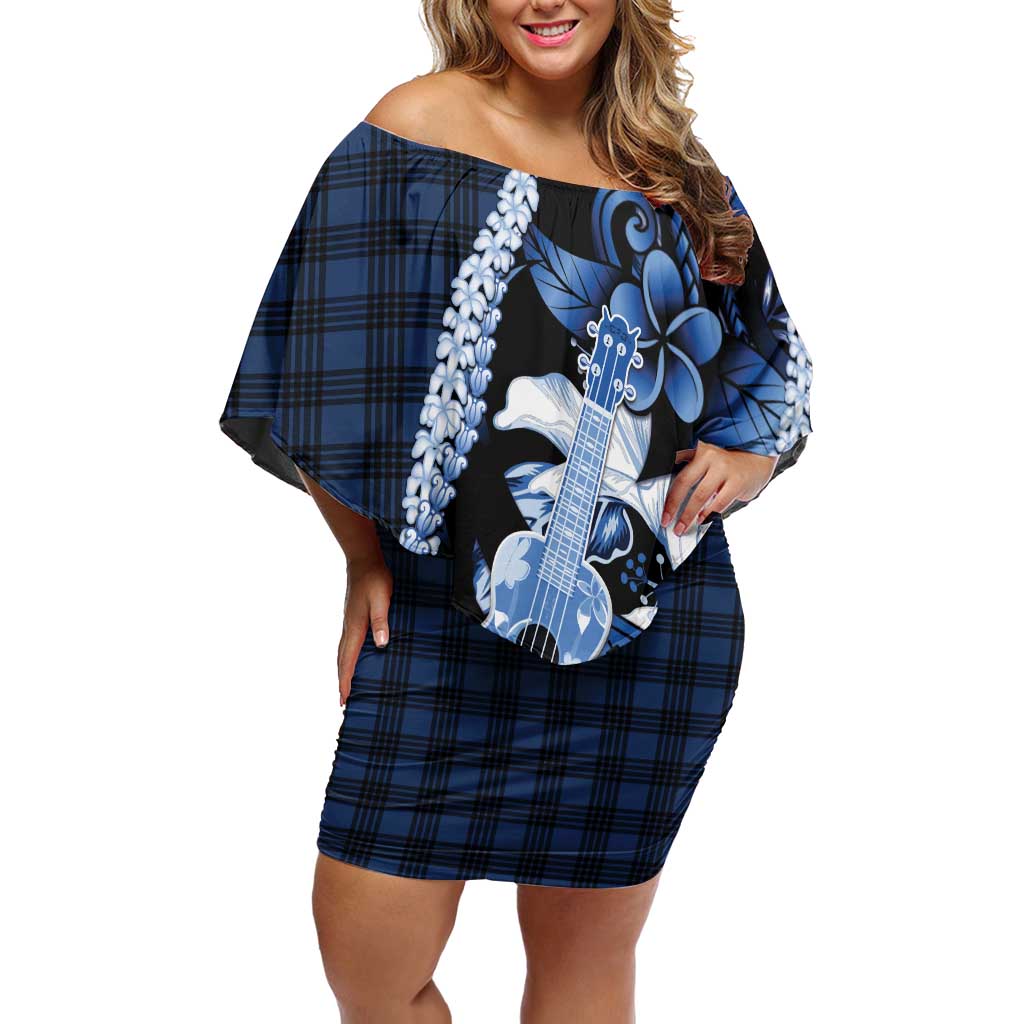 Hawaii Ukulele Off Shoulder Short Dress Tropical Flowers With Palaka Effect Blue Version - Polynesian Pride
