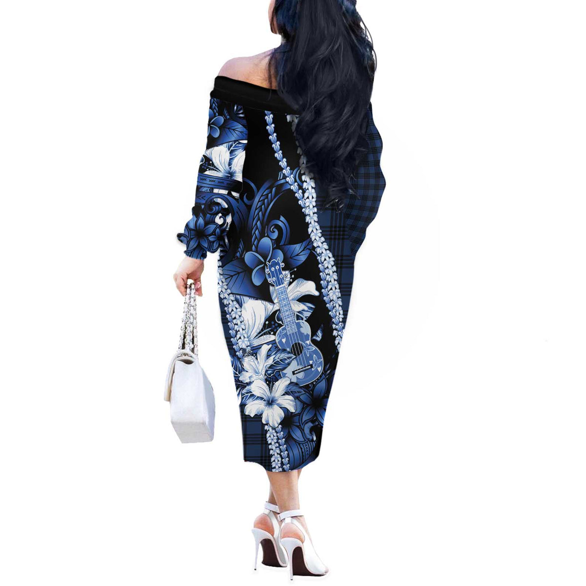 Hawaii Ukulele Off The Shoulder Long Sleeve Dress Tropical Flowers With Palaka Effect Blue Version LT05 - Polynesian Pride