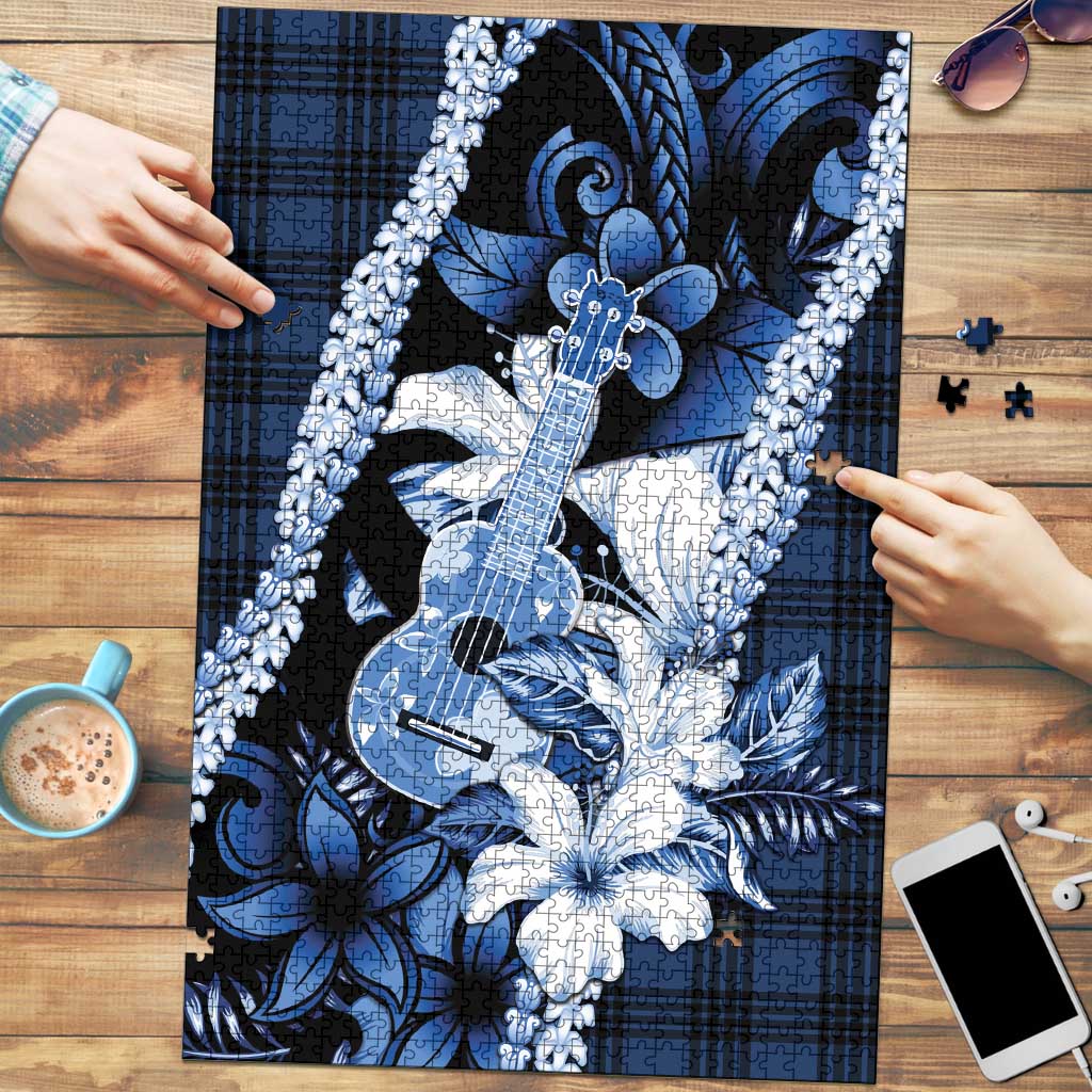Hawaii Ukulele Puzzle Tropical Flowers With Palaka Effect Blue Version - Polynesian Pride