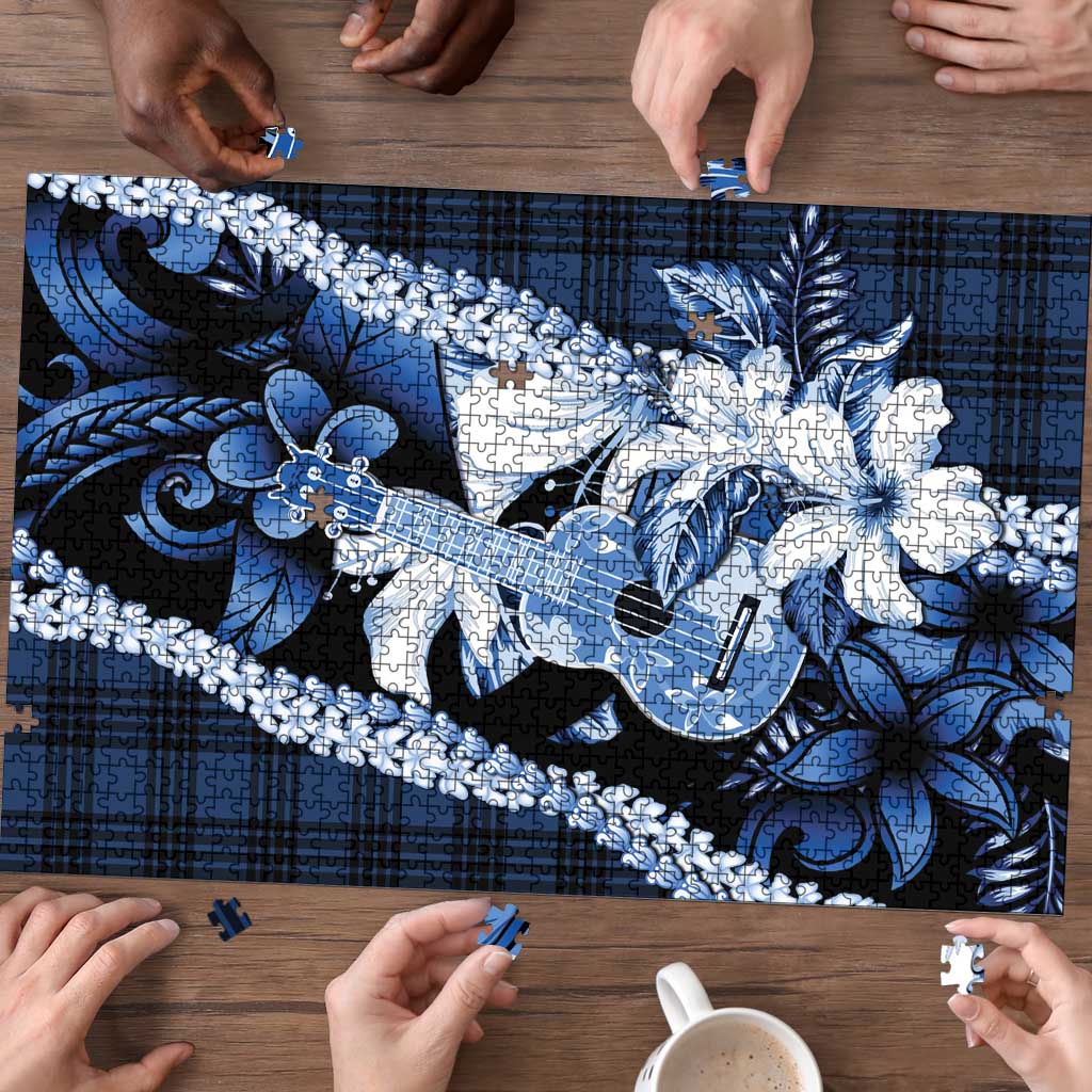 Hawaii Ukulele Puzzle Tropical Flowers With Palaka Effect Blue Version - Polynesian Pride