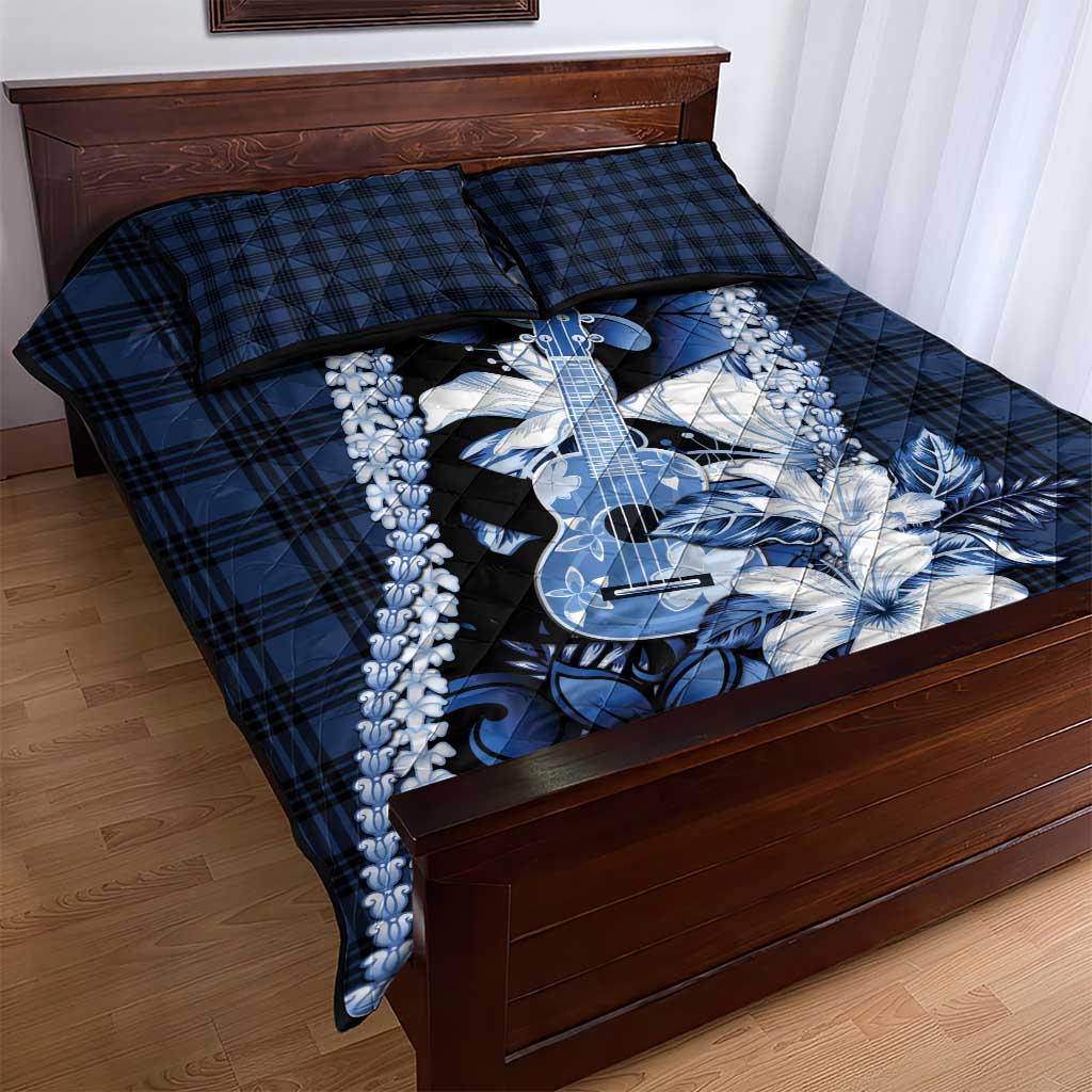Hawaii Ukulele Quilt Bed Set Tropical Flowers With Palaka Effect Blue Version - Polynesian Pride