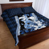 Hawaii Ukulele Quilt Bed Set Tropical Flowers With Palaka Effect Blue Version - Polynesian Pride