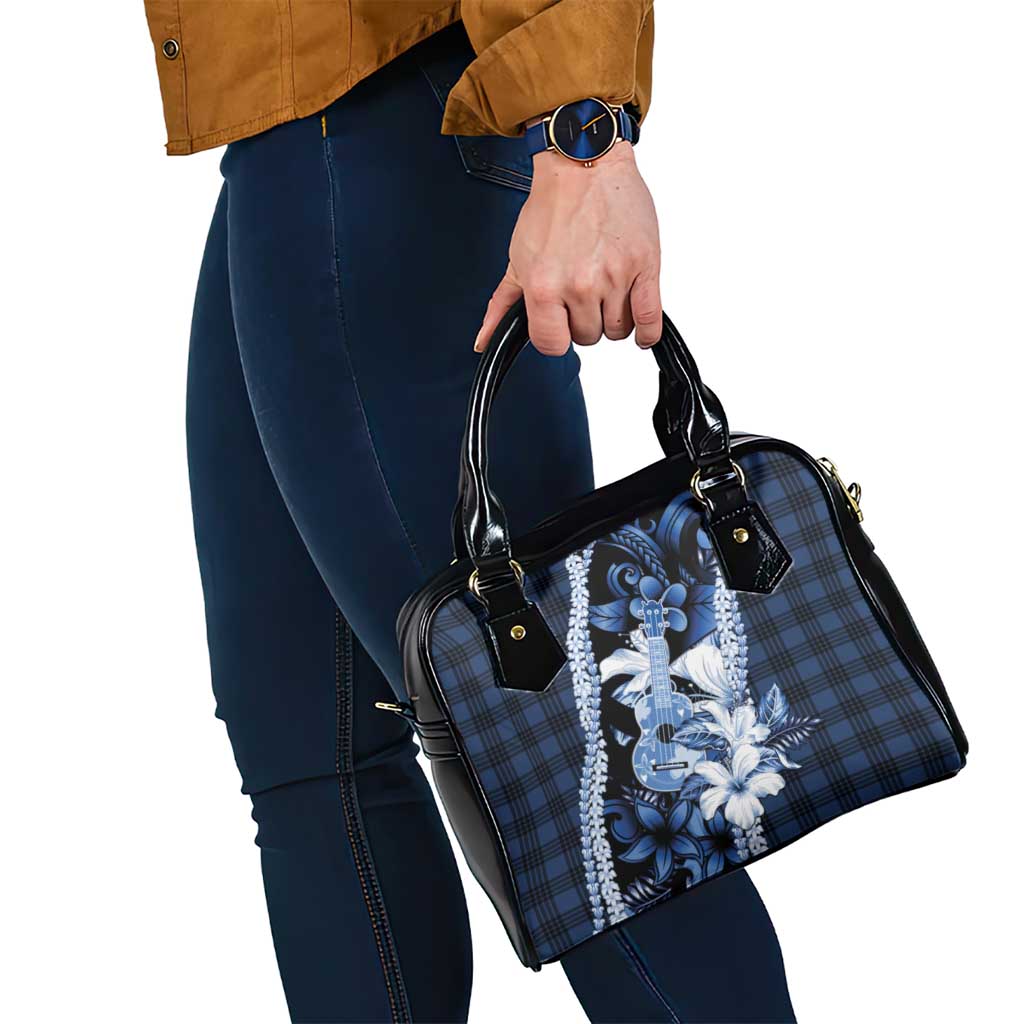 Hawaii Ukulele Shoulder Handbag Tropical Flowers With Palaka Effect Blue Version - Polynesian Pride