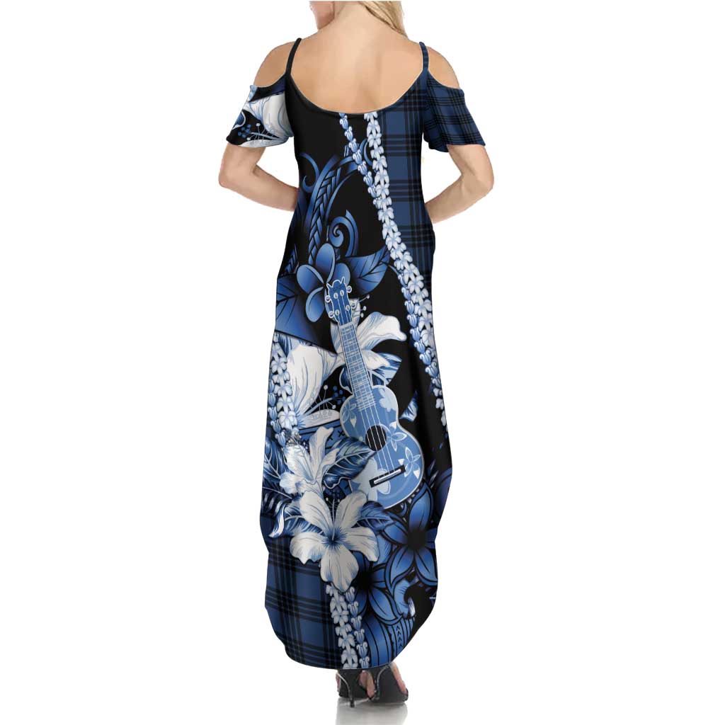 Hawaii Ukulele Summer Maxi Dress Tropical Flowers With Palaka Effect Blue Version - Polynesian Pride