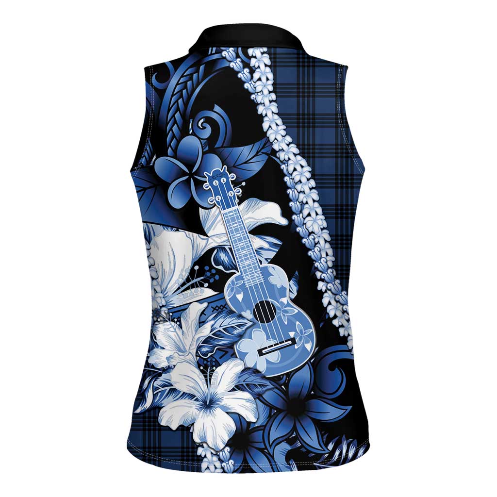 Hawaii Ukulele Women Sleeveless Polo Shirt Tropical Flowers With Palaka Effect Blue Version - Polynesian Pride