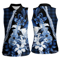 Hawaii Ukulele Women Sleeveless Polo Shirt Tropical Flowers With Palaka Effect Blue Version - Polynesian Pride