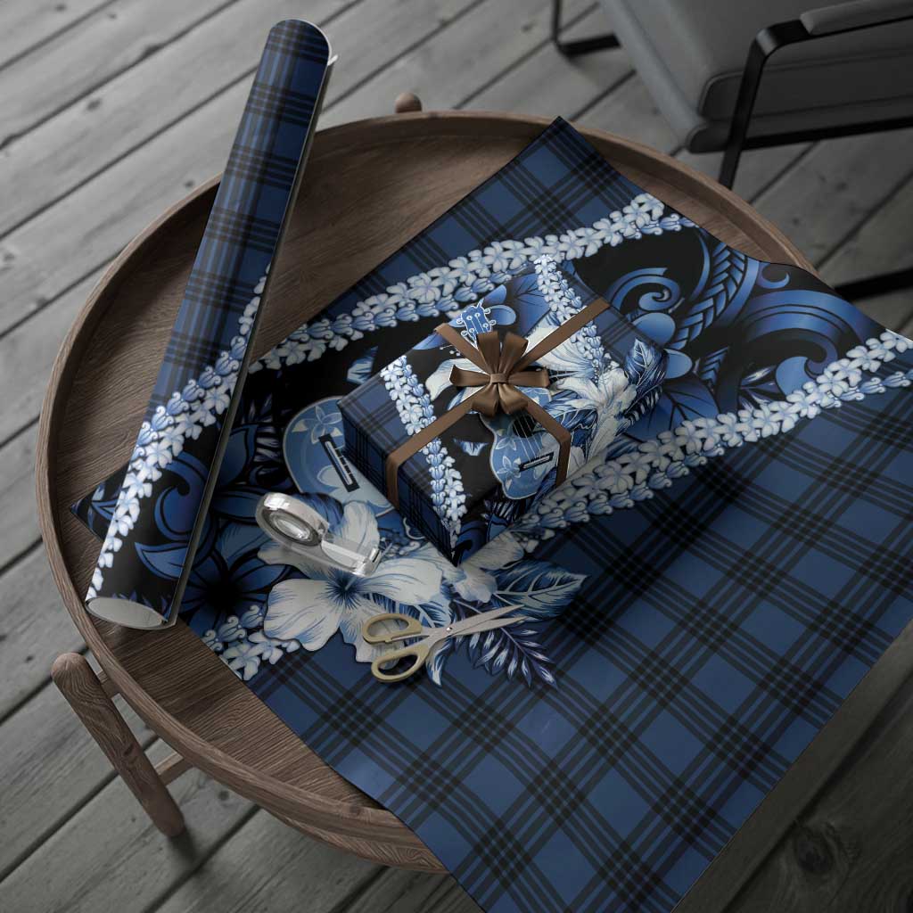 Hawaii Ukulele Wrapping Paper Tropical Flowers With Palaka Effect Blue Version
