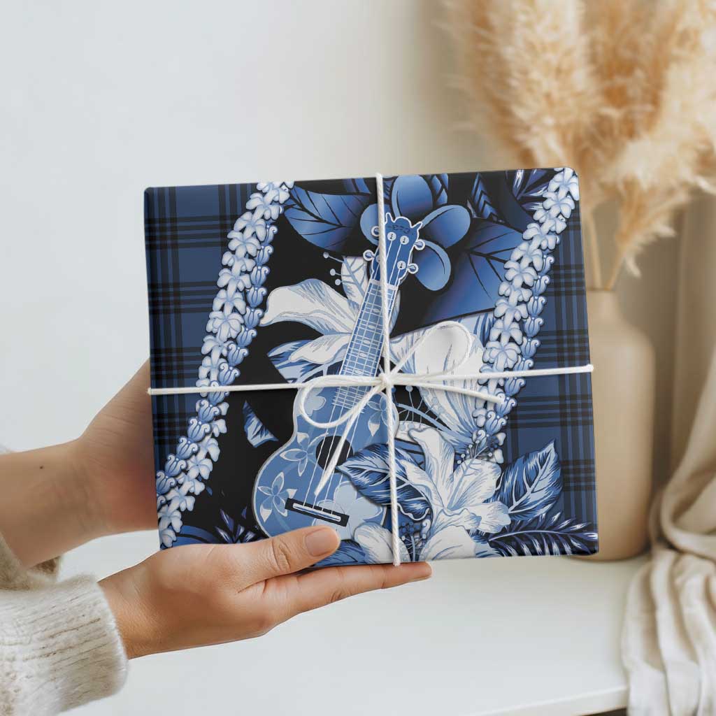 Hawaii Ukulele Wrapping Paper Tropical Flowers With Palaka Effect Blue Version