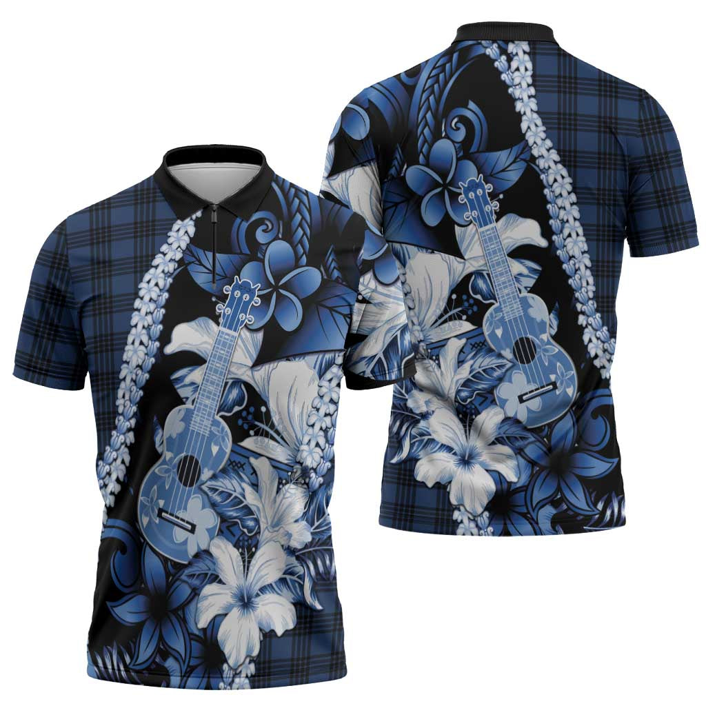 Hawaii Ukulele Zipper Polo Shirt Tropical Flowers With Palaka Effect Blue Version - Polynesian Pride