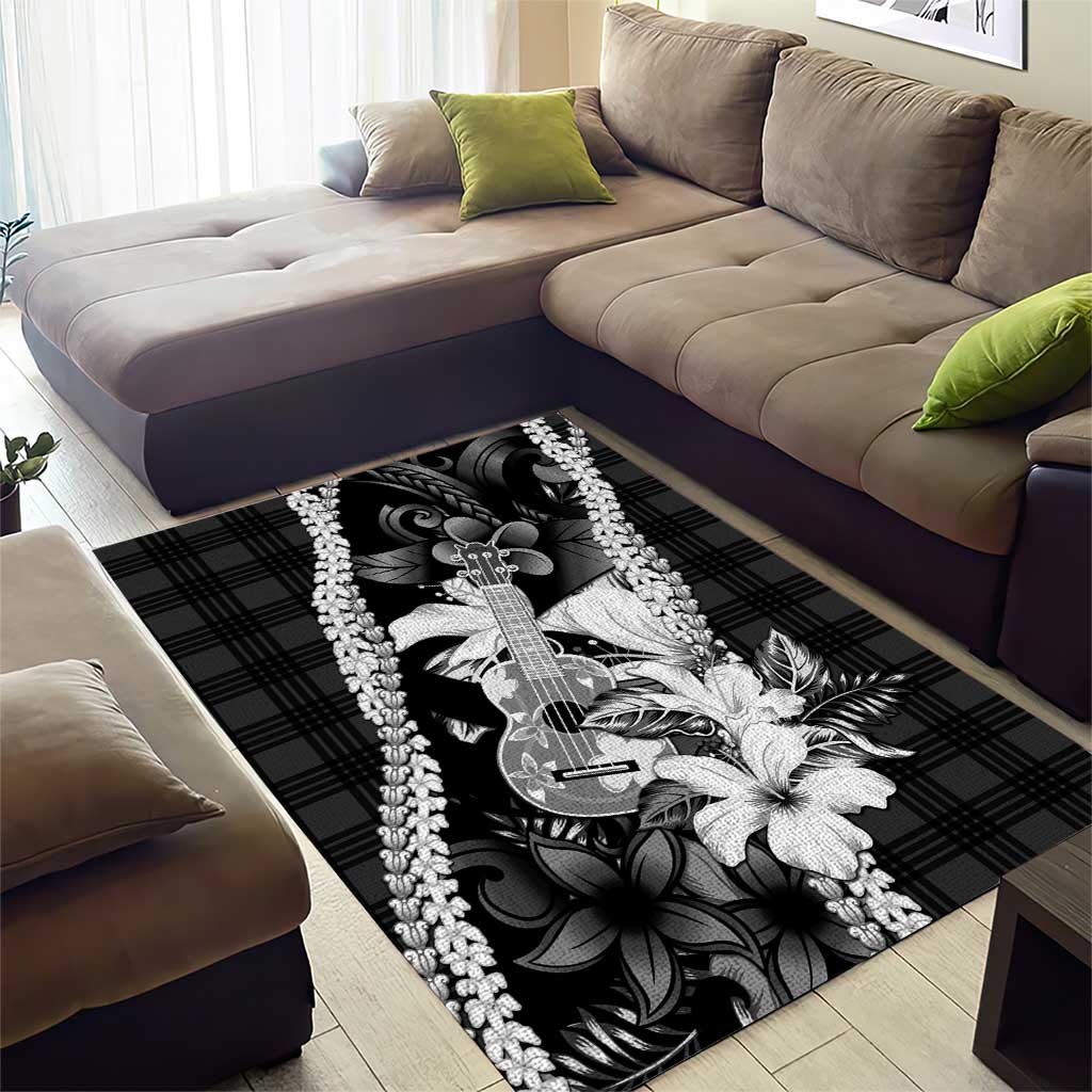 Hawaii Ukulele Area Rug Tropical Flowers With Palaka Effect Black Version - Polynesian Pride