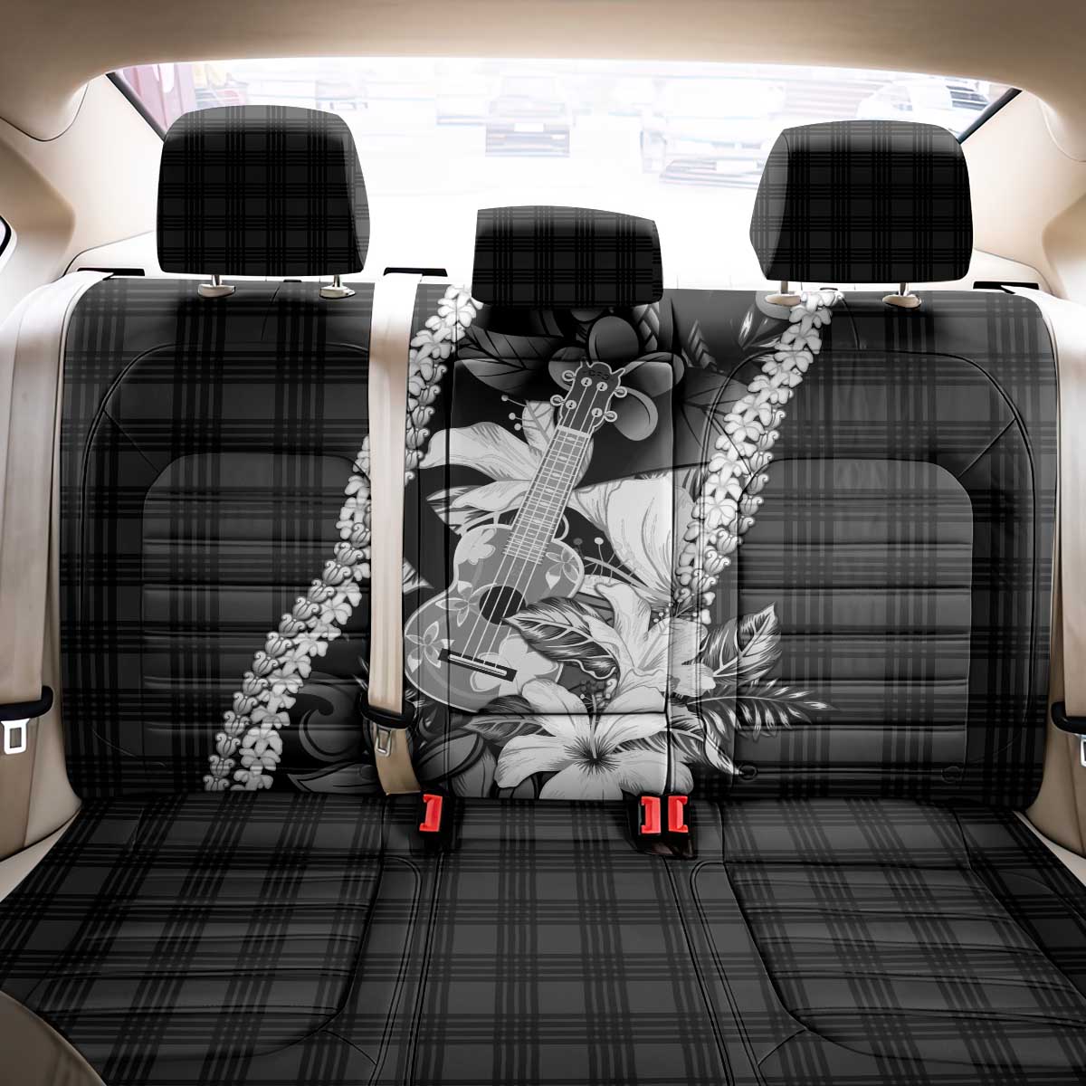 Hawaii Ukulele Back Car Seat Cover Tropical Flowers With Palaka Effect Black Version - Polynesian Pride