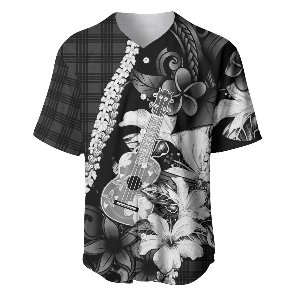 Hawaii Ukulele Baseball Jersey Tropical Flowers With Palaka Effect Black Version - Polynesian Pride