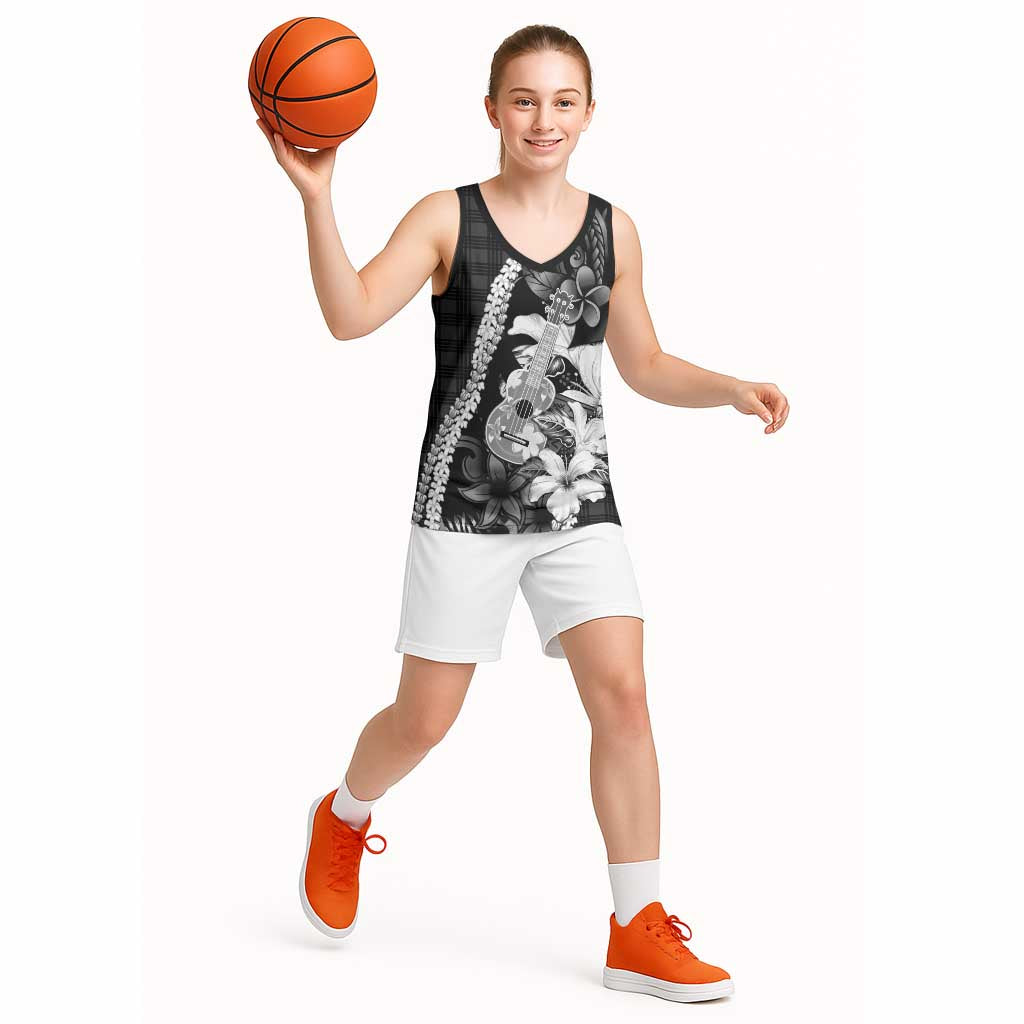 Hawaii Ukulele Basketball Jersey Tropical Flowers With Palaka Effect Black Version - Polynesian Pride