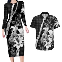 Hawaii Ukulele Couples Matching Long Sleeve Bodycon Dress and Hawaiian Shirt Tropical Flowers With Palaka Effect Black Version - Polynesian Pride
