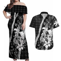 Hawaii Ukulele Couples Matching Off Shoulder Maxi Dress and Hawaiian Shirt Tropical Flowers With Palaka Effect Black Version LT05 Black - Polynesian Pride