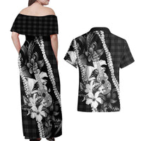 Hawaii Ukulele Couples Matching Off Shoulder Maxi Dress and Hawaiian Shirt Tropical Flowers With Palaka Effect Black Version LT05 - Polynesian Pride