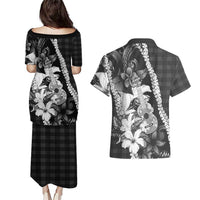 Hawaii Ukulele Couples Matching Puletasi and Hawaiian Shirt Tropical Flowers With Palaka Effect Black Version - Polynesian Pride