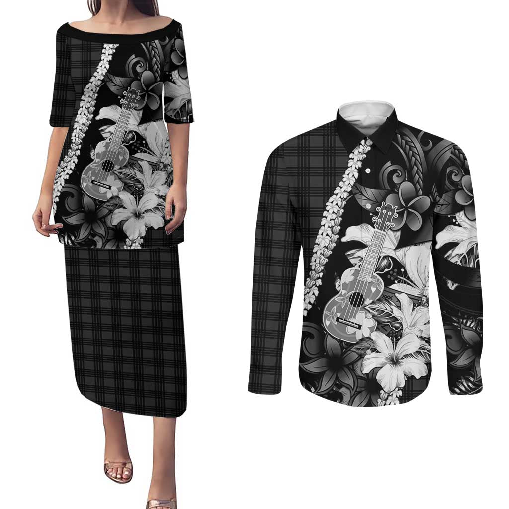 Hawaii Ukulele Couples Matching Puletasi and Long Sleeve Button Shirt Tropical Flowers With Palaka Effect Black Version - Polynesian Pride