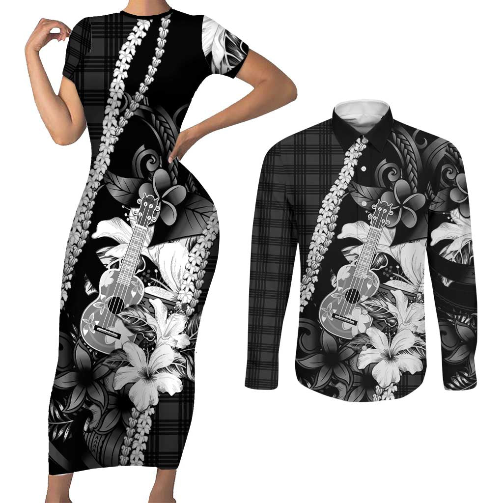 Hawaii Ukulele Couples Matching Short Sleeve Bodycon Dress and Long Sleeve Button Shirt Tropical Flowers With Palaka Effect Black Version - Polynesian Pride