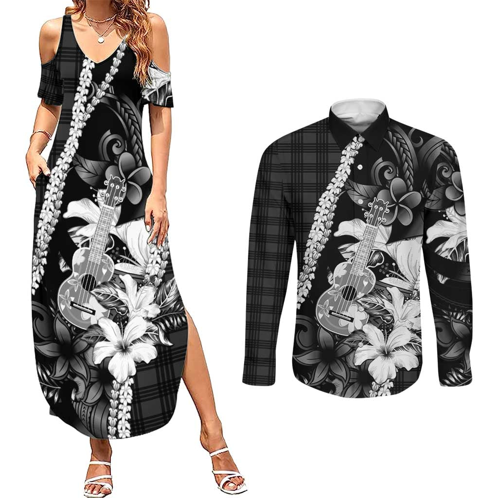 Hawaii Ukulele Couples Matching Summer Maxi Dress and Long Sleeve Button Shirt Tropical Flowers With Palaka Effect Black Version - Polynesian Pride