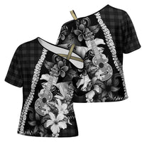 Hawaii Ukulele Cross Shoulder Shirt Tropical Flowers With Palaka Effect Black Version - Polynesian Pride