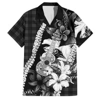 Hawaii Ukulele Family Matching Long Sleeve Bodycon Dress and Hawaiian Shirt Tropical Flowers With Palaka Effect Black Version - Polynesian Pride