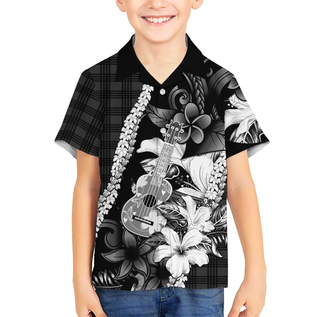 Hawaii Ukulele Family Matching Long Sleeve Bodycon Dress and Hawaiian Shirt Tropical Flowers With Palaka Effect Black Version - Polynesian Pride