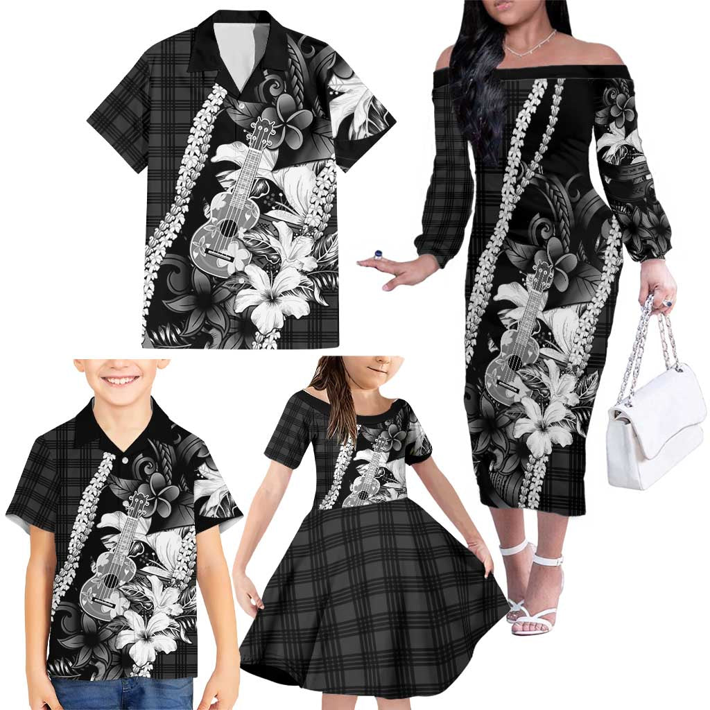Hawaii Ukulele Family Matching Off The Shoulder Long Sleeve Dress and Hawaiian Shirt Tropical Flowers With Palaka Effect Black Version - Polynesian Pride