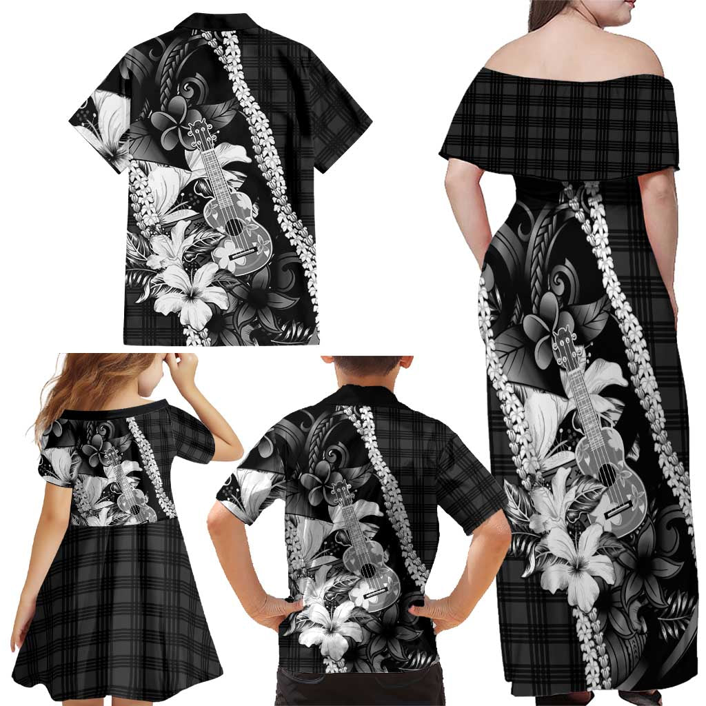 Hawaii Ukulele Family Matching Off Shoulder Maxi Dress and Hawaiian Shirt Tropical Flowers With Palaka Effect Black Version - Polynesian Pride
