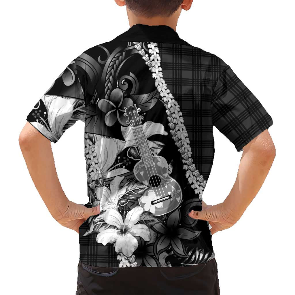 Hawaii Ukulele Family Matching Puletasi and Hawaiian Shirt Tropical Flowers With Palaka Effect Black Version - Polynesian Pride