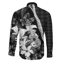 Hawaii Ukulele Family Matching Puletasi and Hawaiian Shirt Tropical Flowers With Palaka Effect Black Version - Polynesian Pride