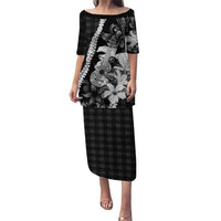 Hawaii Ukulele Family Matching Puletasi and Hawaiian Shirt Tropical Flowers With Palaka Effect Black Version - Polynesian Pride