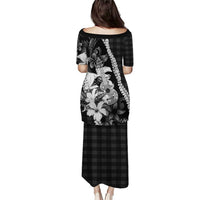 Hawaii Ukulele Family Matching Puletasi and Hawaiian Shirt Tropical Flowers With Palaka Effect Black Version - Polynesian Pride