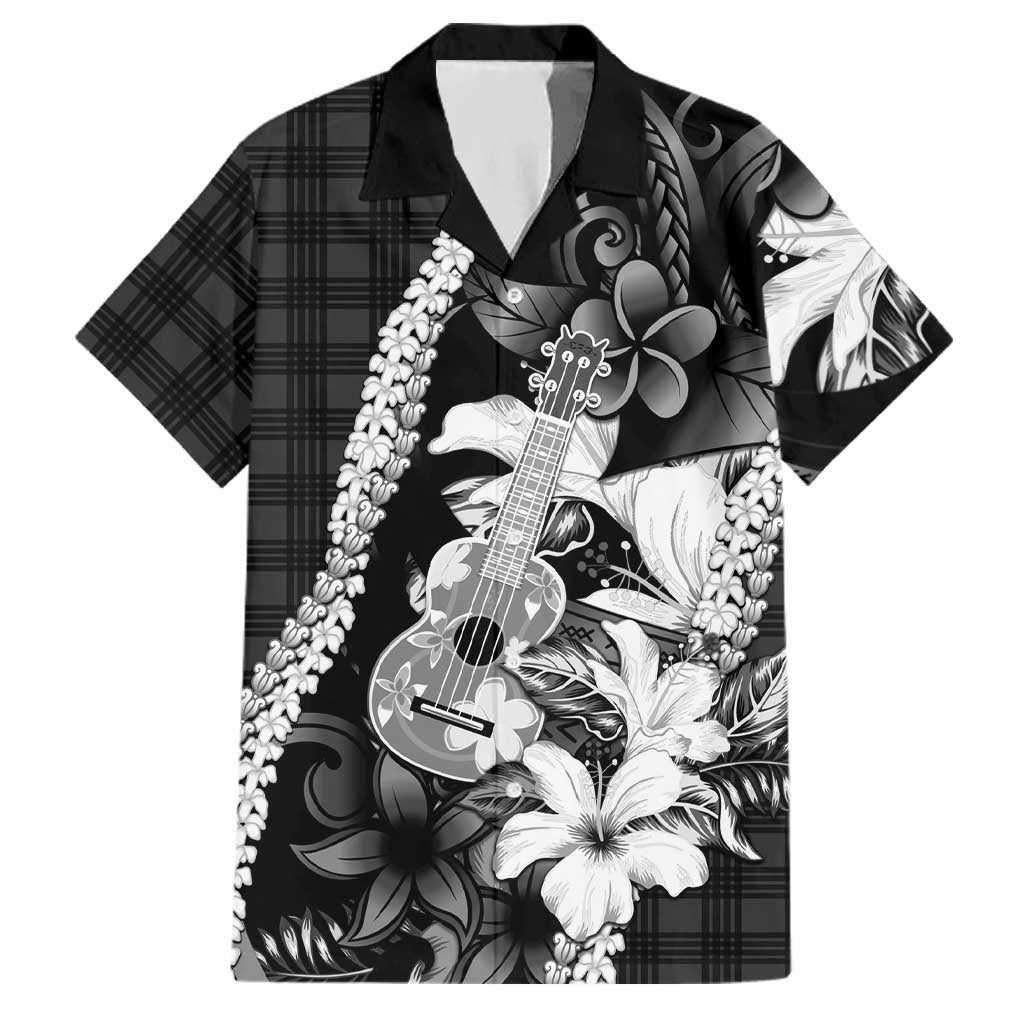 Hawaii Ukulele Family Matching Short Sleeve Bodycon Dress and Hawaiian Shirt Tropical Flowers With Palaka Effect Black Version - Polynesian Pride