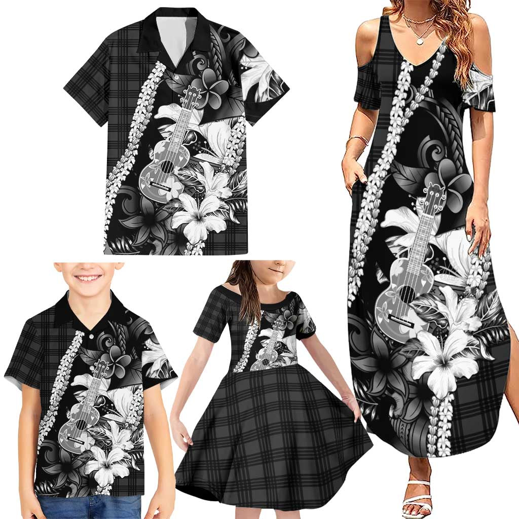 Hawaii Ukulele Family Matching Summer Maxi Dress and Hawaiian Shirt Tropical Flowers With Palaka Effect Black Version - Polynesian Pride