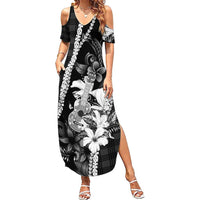 Hawaii Ukulele Family Matching Summer Maxi Dress and Hawaiian Shirt Tropical Flowers With Palaka Effect Black Version - Polynesian Pride