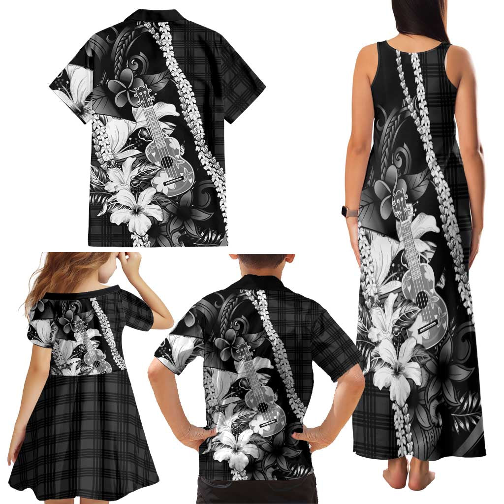 Hawaii Ukulele Family Matching Tank Maxi Dress and Hawaiian Shirt Tropical Flowers With Palaka Effect Black Version - Polynesian Pride