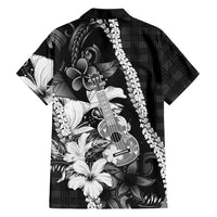 Hawaii Ukulele Family Matching Tank Maxi Dress and Hawaiian Shirt Tropical Flowers With Palaka Effect Black Version - Polynesian Pride