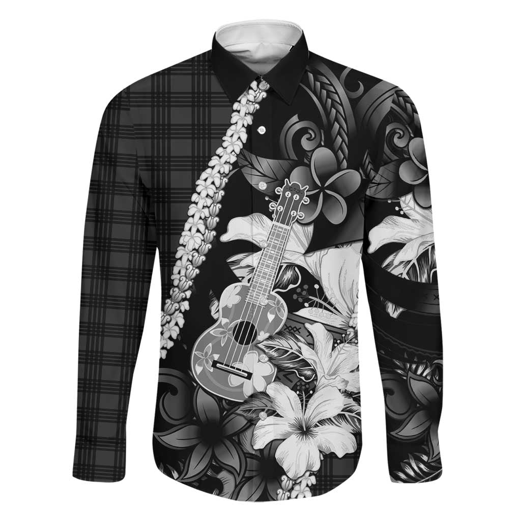 Hawaii Ukulele Family Matching Tank Maxi Dress and Hawaiian Shirt Tropical Flowers With Palaka Effect Black Version - Polynesian Pride