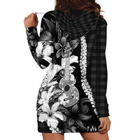 Hawaii Ukulele Hoodie Dress Tropical Flowers With Palaka Effect Black Version LT05 - Polynesian Pride