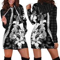 Hawaii Ukulele Hoodie Dress Tropical Flowers With Palaka Effect Black Version LT05 - Polynesian Pride