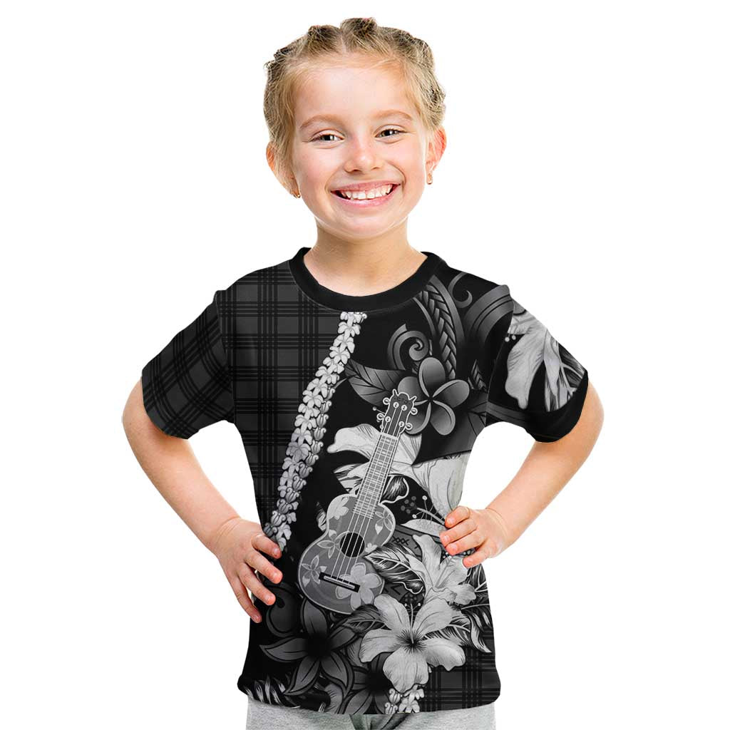 Hawaii Ukulele Kid T Shirt Tropical Flowers With Palaka Effect Black Version - Polynesian Pride