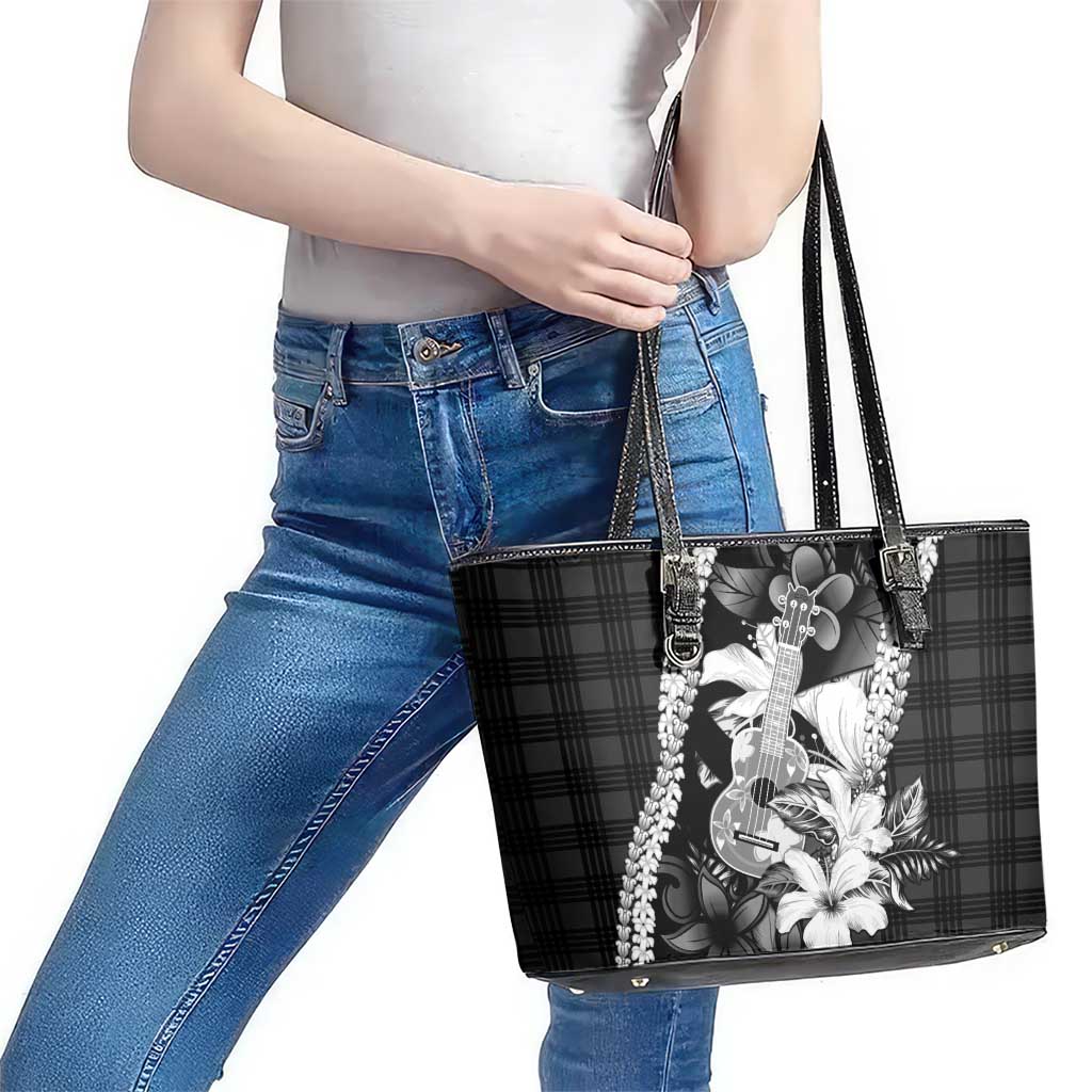 Hawaii Ukulele Leather Tote Bag Tropical Flowers With Palaka Effect Black Version - Polynesian Pride