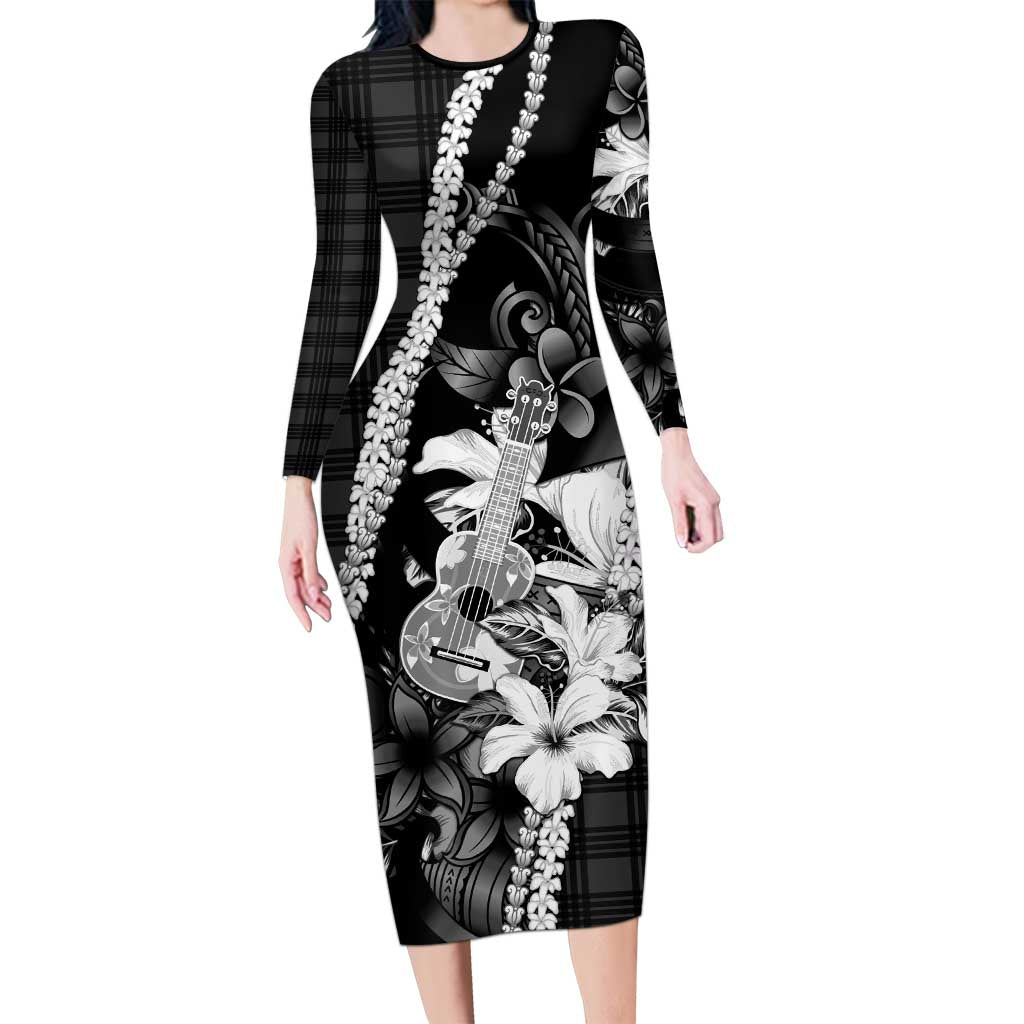 Hawaii Ukulele Long Sleeve Bodycon Dress Tropical Flowers With Palaka Effect Black Version LT05 Long Dress Black - Polynesian Pride
