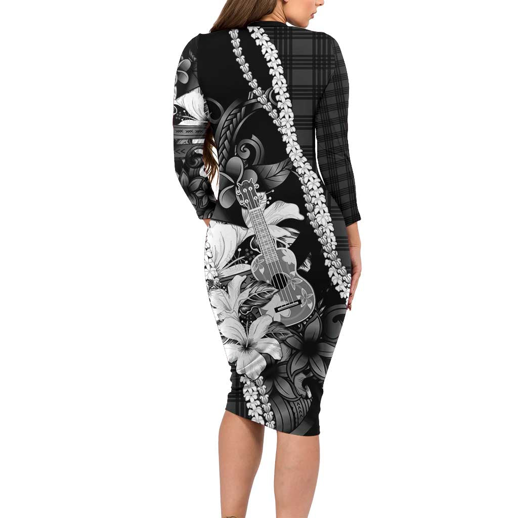 Hawaii Ukulele Long Sleeve Bodycon Dress Tropical Flowers With Palaka Effect Black Version LT05 - Polynesian Pride
