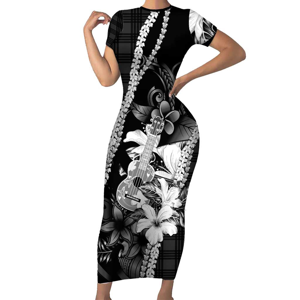 Hawaii Ukulele Short Sleeve Bodycon Dress Tropical Flowers With Palaka Effect Black Version LT05 Long Dress Black - Polynesian Pride