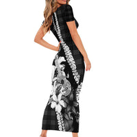 Hawaii Ukulele Short Sleeve Bodycon Dress Tropical Flowers With Palaka Effect Black Version LT05 - Polynesian Pride