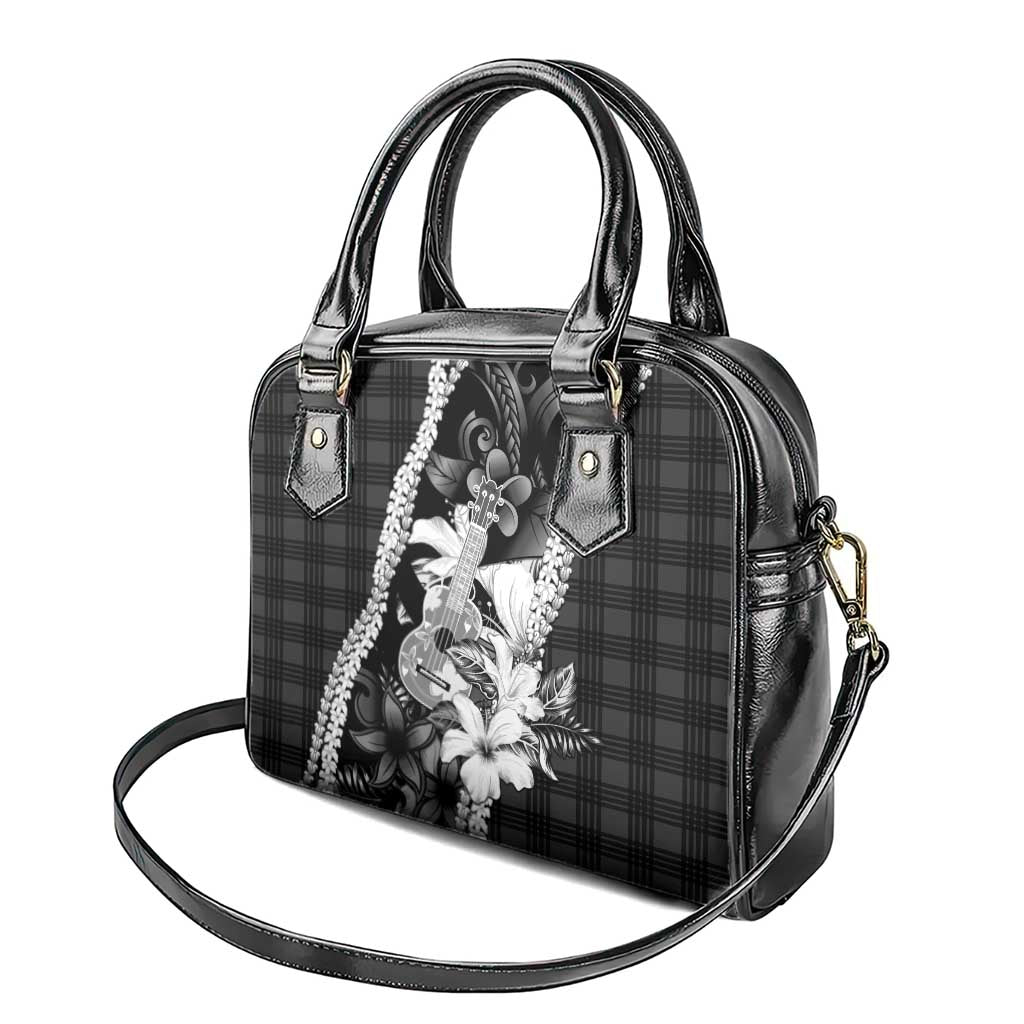 Hawaii Ukulele Shoulder Handbag Tropical Flowers With Palaka Effect Black Version - Polynesian Pride