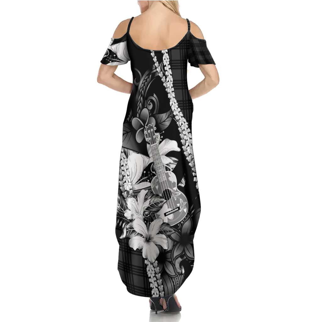 Hawaii Ukulele Summer Maxi Dress Tropical Flowers With Palaka Effect Black Version - Polynesian Pride
